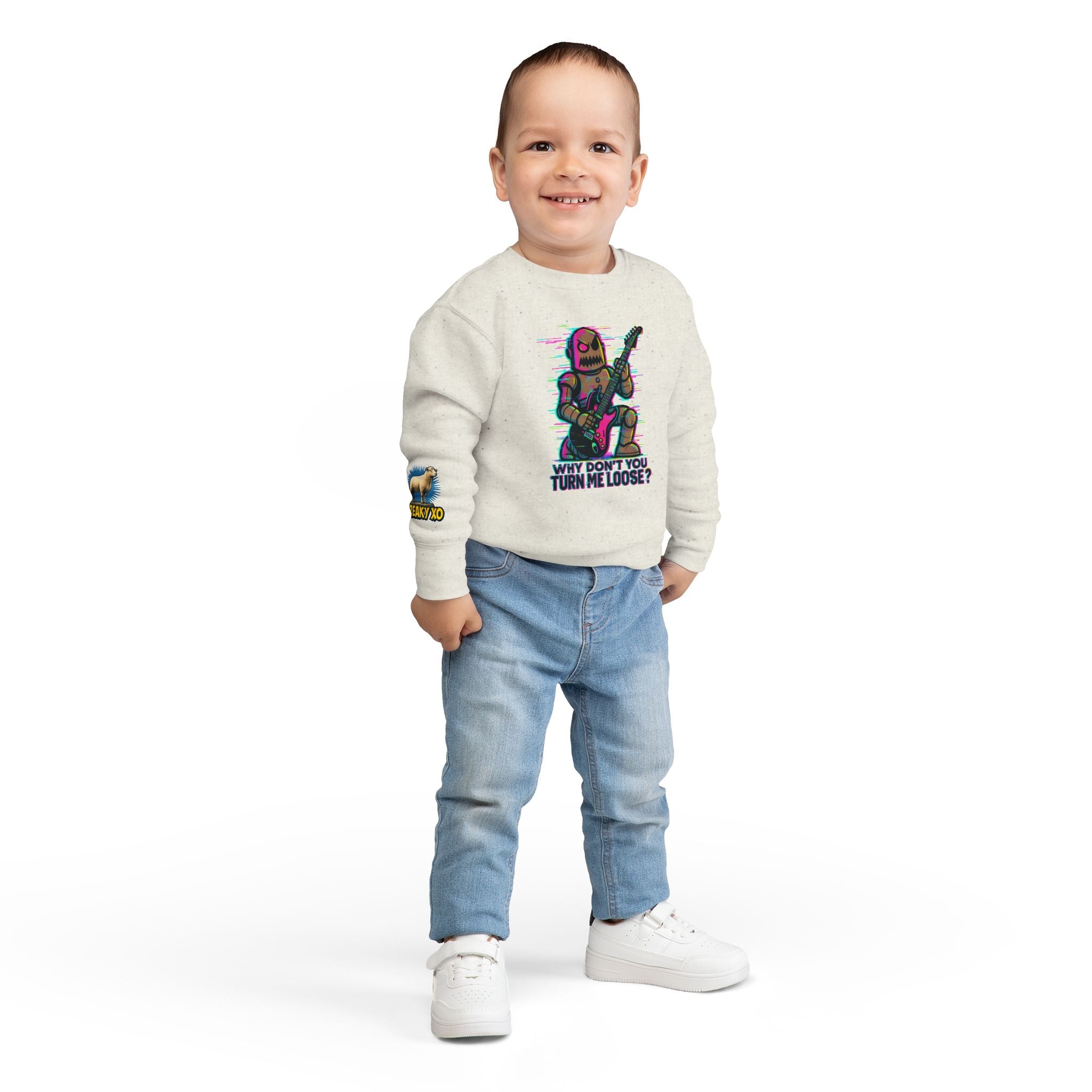 Toddler Sweatshirt — Cute Rocker Robot Graphic “Why Don't You Turn Me Loose?”