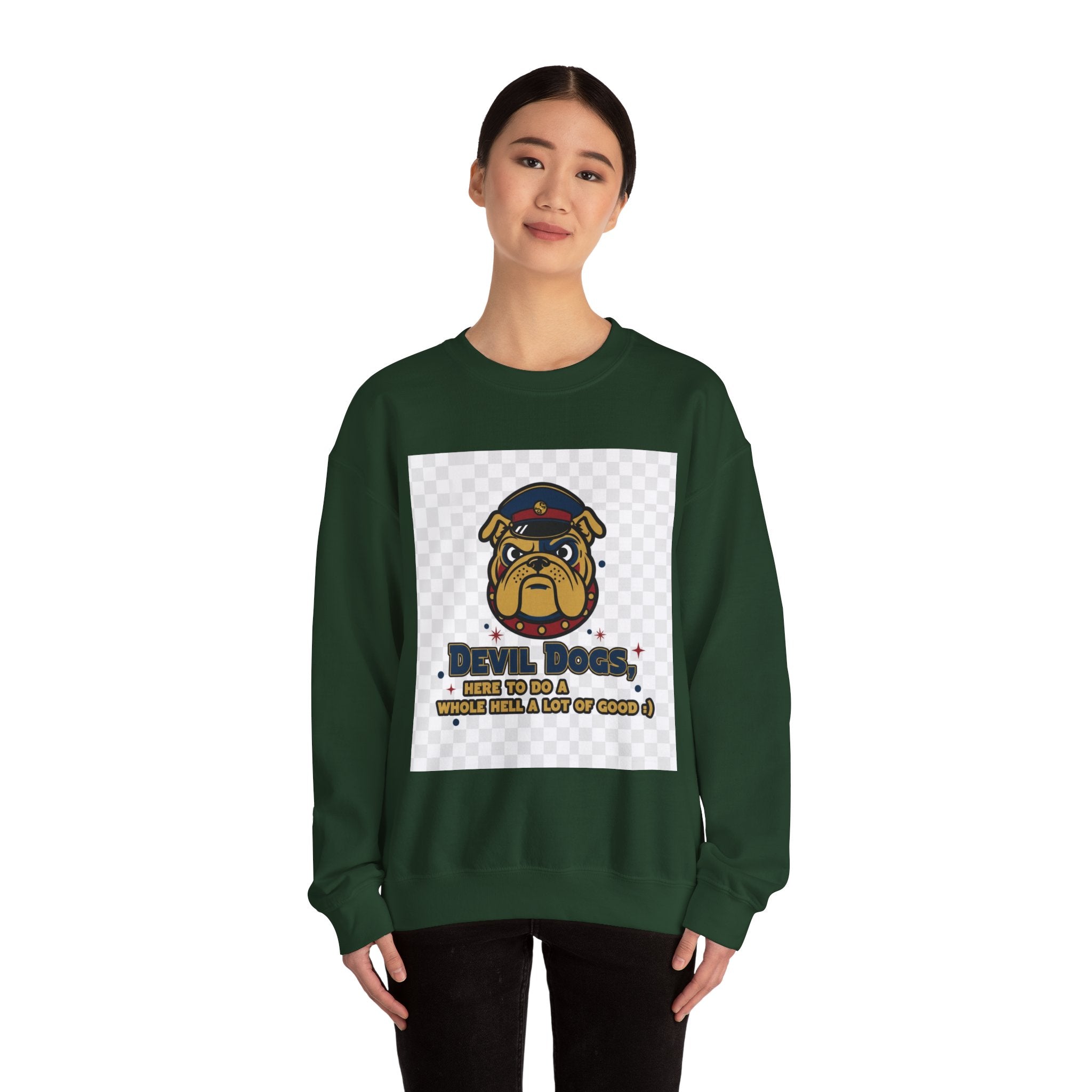Bulldog Crewneck Sweatshirt — "Devil Dog" Military Mascot Graphic