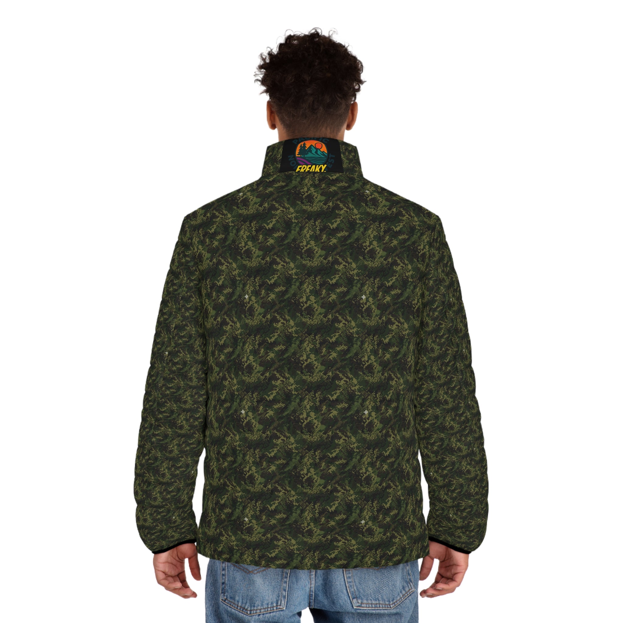 Men's Camo Puffer Jacket – All-Over Olive Green Tactical Pattern