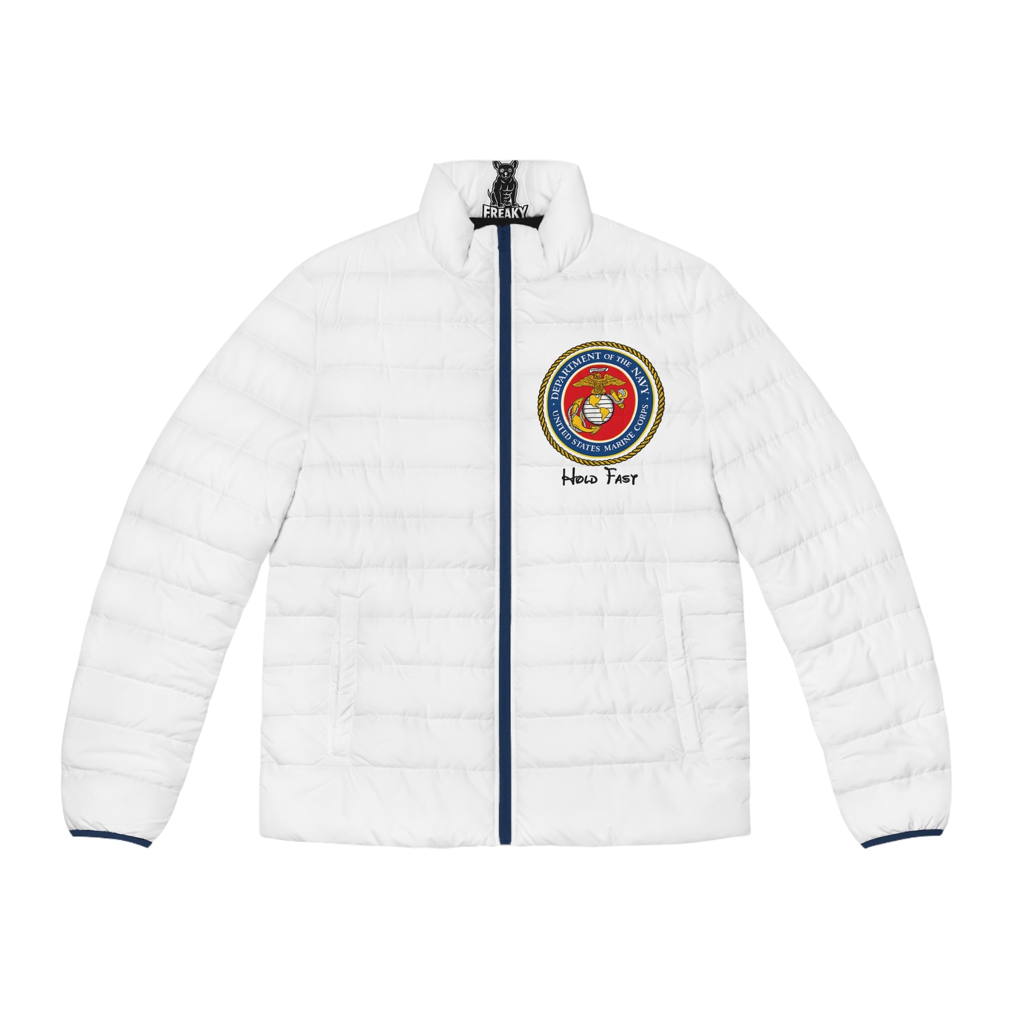 USMC Emblem Puffer Jacket — 'Here I Go' Mens Military-Inspired Coat