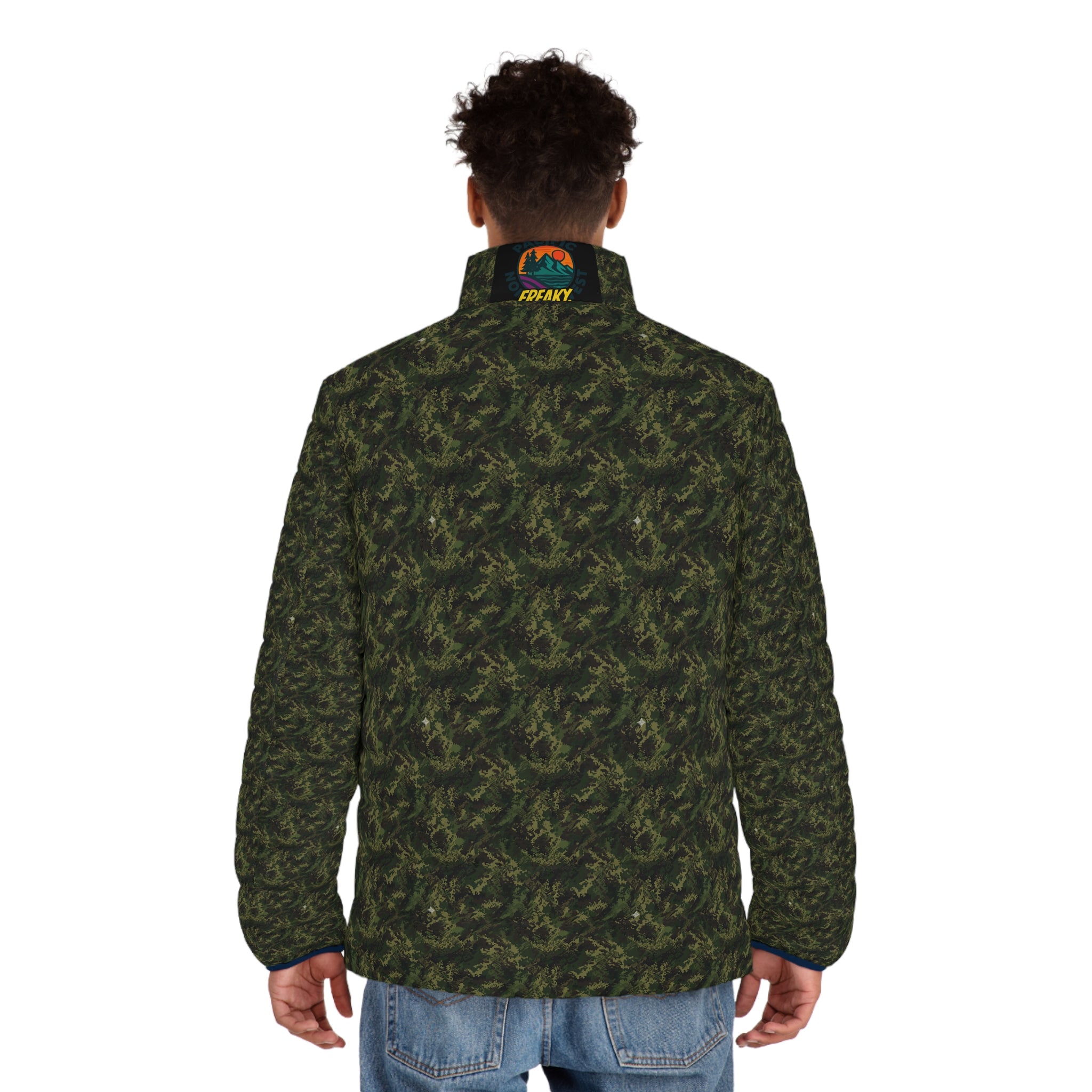 Men's Camo Puffer Jacket – All-Over Olive Green Tactical Pattern