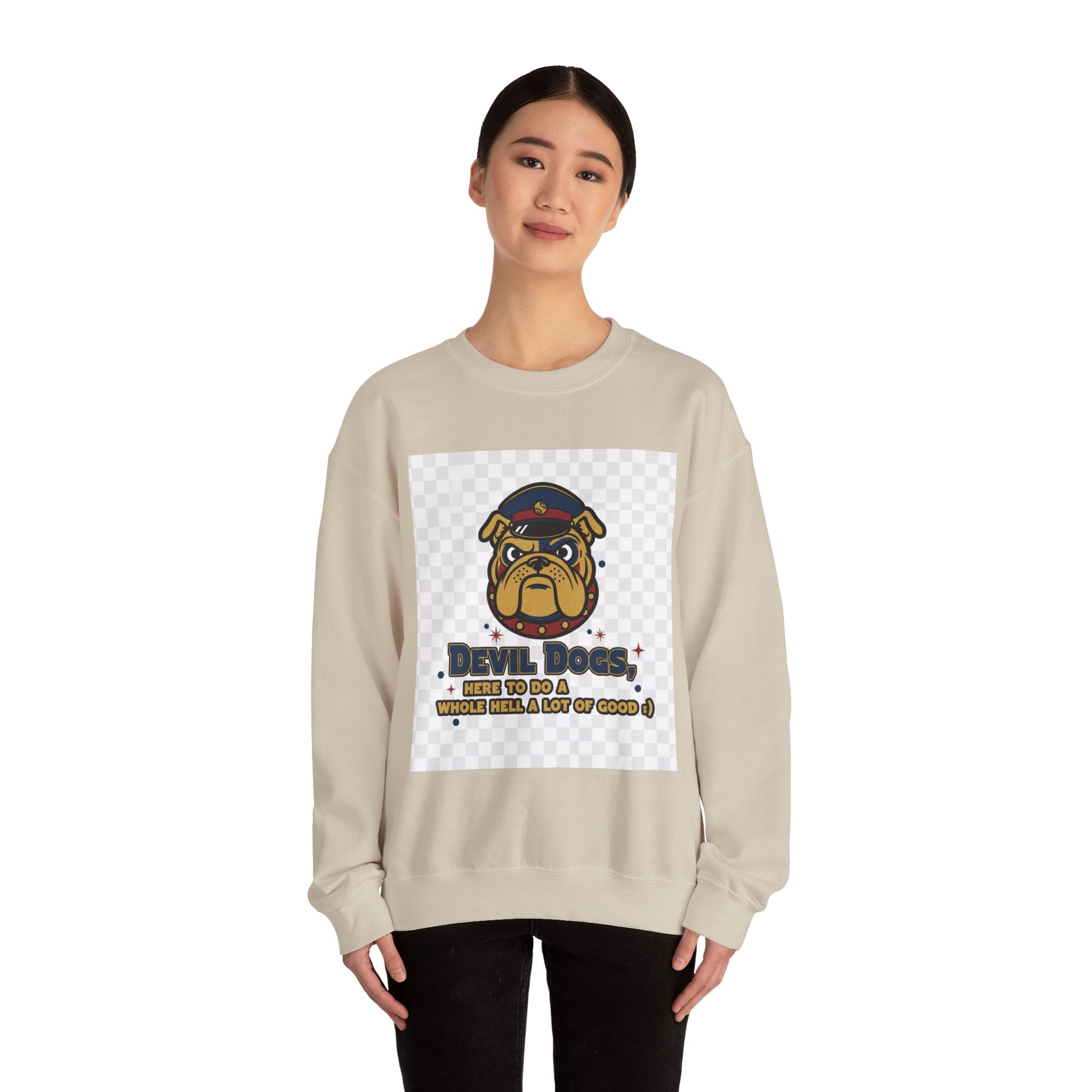 Bulldog Crewneck Sweatshirt — "Devil Dog" Military Mascot Graphic