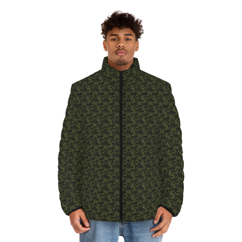 Men's Camo Puffer Jacket – All-Over Olive Green Tactical Pattern