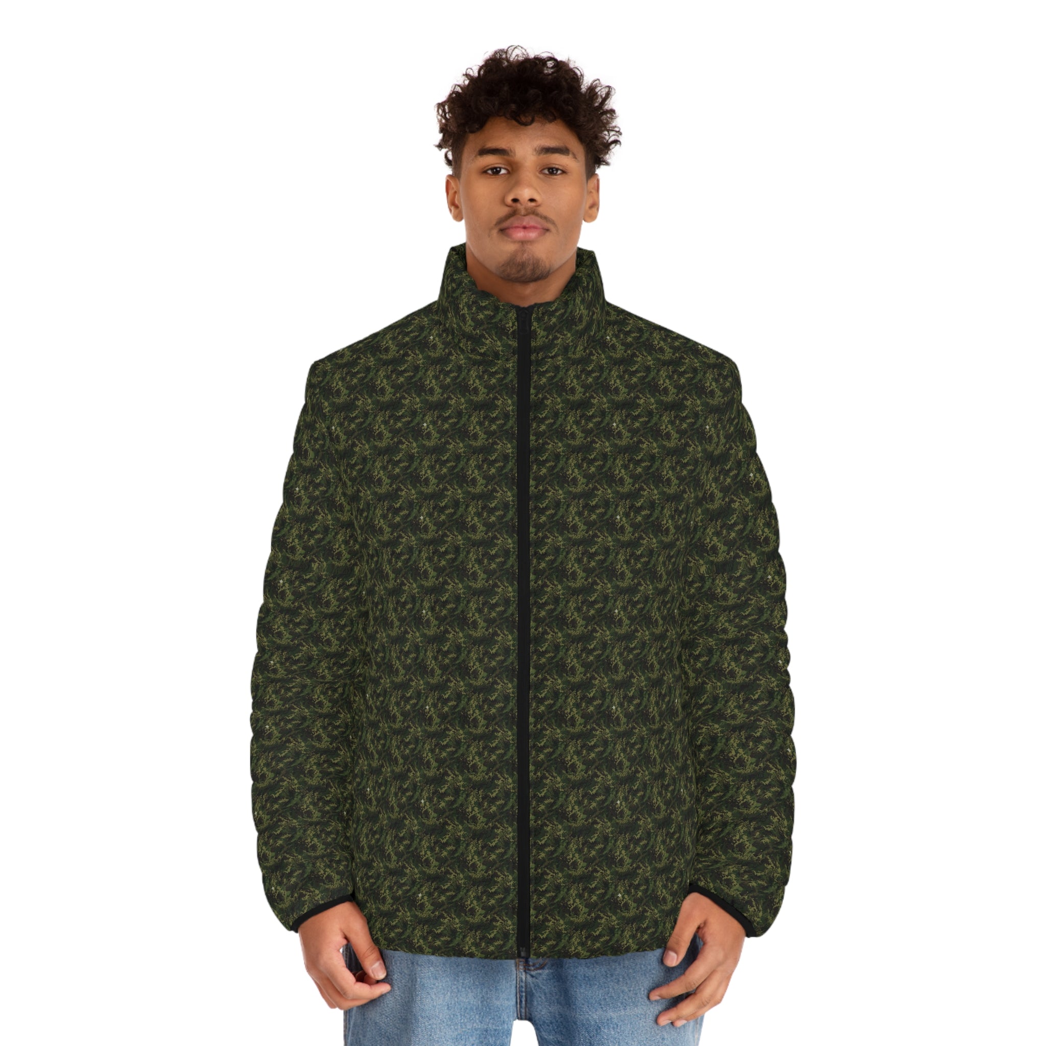 Men's Camo Puffer Jacket – All-Over Olive Green Tactical Pattern