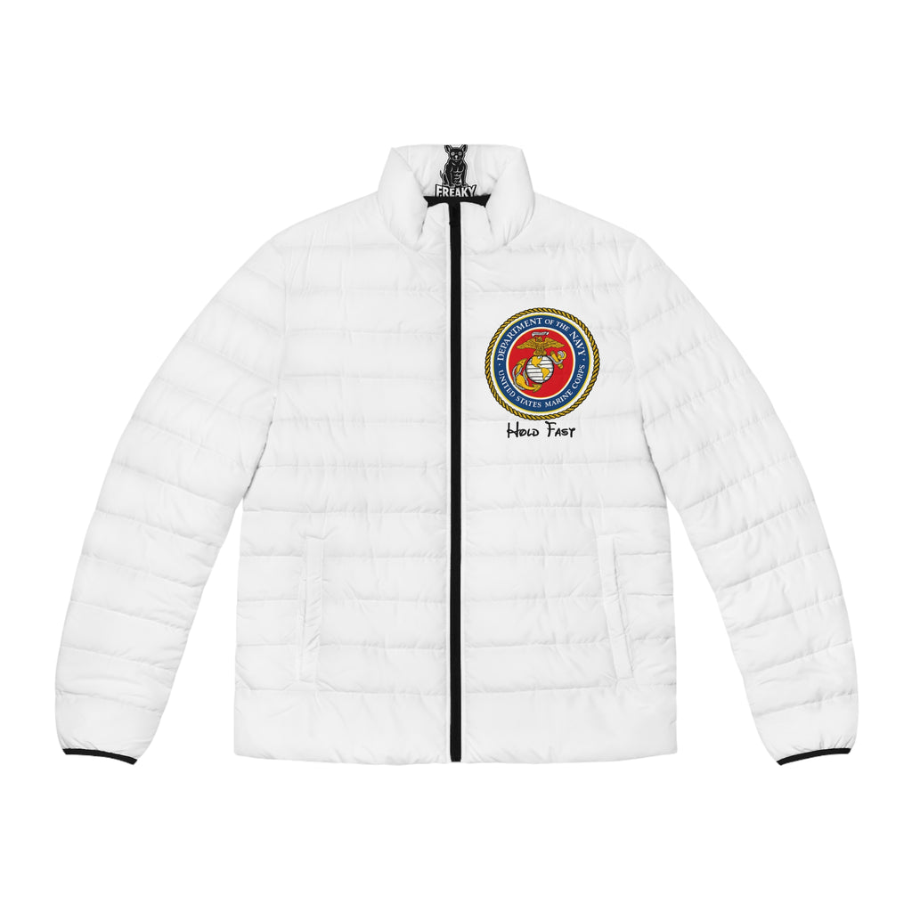 USMC Emblem Puffer Jacket — 'Here I Go' Mens Military-Inspired Coat